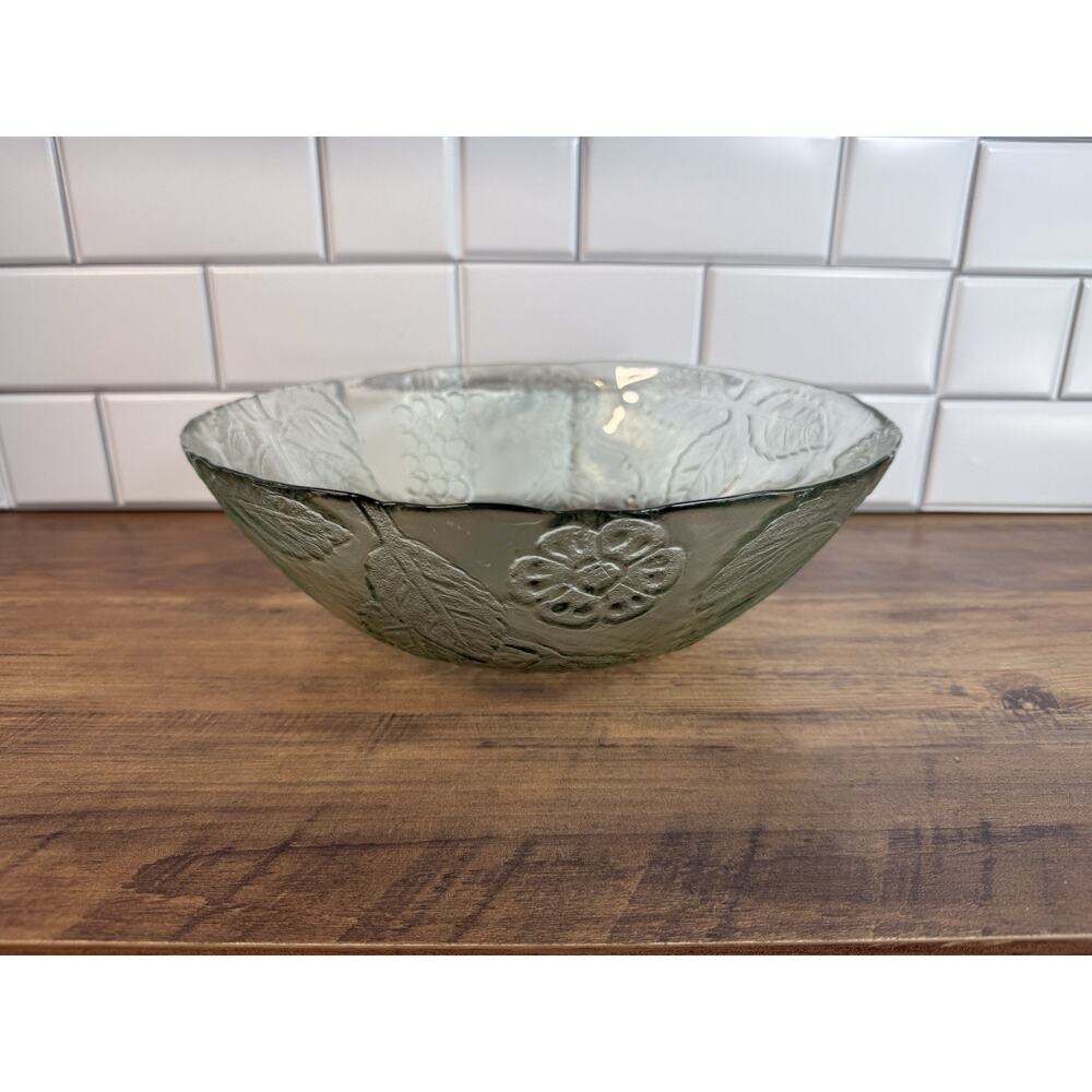 Vintage KIG Indonesia Pressed Glass Salad Bowl Fruit Leaf Pattern